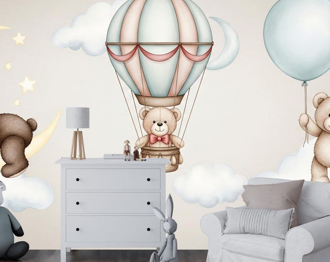 Teddy Bear Nursery Wallpaper: Whimsical Hot Air Balloon Peel and Stick Mural