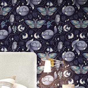 Whimsigoth Fox and Moth Wallpaper: Moody Celestial Mural, Peel and Stick