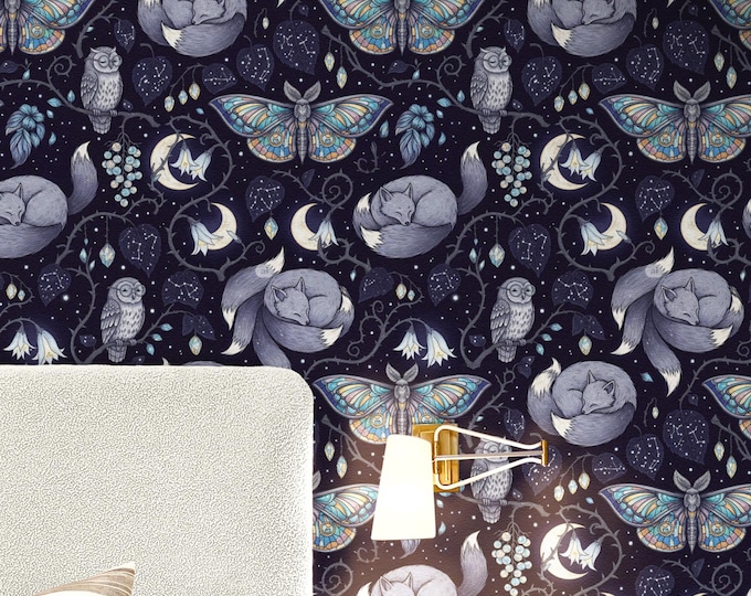 Whimsigoth Celestial Wallpaper with Fox and Moth, Moody Dark Woodland Mural, Peel and Stick Decor, Gothic Owl and Moon Wall Art