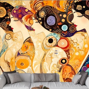 Carta da parati murale Art Nouveau Glamour – Ispirata allo stile iconico di Klimt, ritratti femminili astratti, design multicolore vibrante