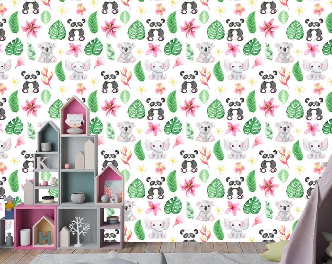 Nursery Watercolor Tropical Jungle Safari Animal Wallpaper Mural, Panda Koala Elephant Mural, Floral Kids Peel and Stick Wallpaper