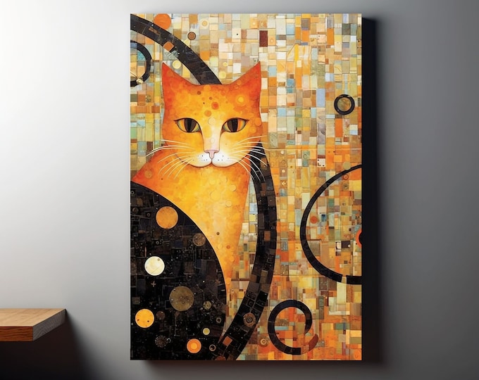 Gustav Klimt Black and Orange Cat Canvas Print Wall Art for Home Decor, Premium Matte Paper or Canvas Print, Perfect Gift Idea
