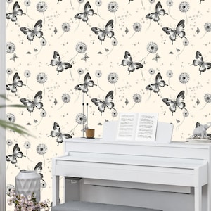 Carta da parati murale minimalista con farfalla di tarassaco in bianco e nero, carta da parati botanica delicata vintage da staccare e attaccare o carta da parati tradizionale