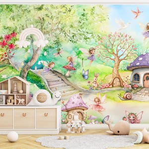 Carta da parati murale per bambini con foresta e bosco da favola, decorazione da parete con sbucciatura e bastone con casa a forma di fungo, magico paese delle fate