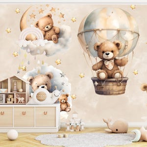 Carta da parati murale vintage beige con orsetto e mongolfiera per la cameretta dei bambini, carta da parati carina per staccare e attaccare la cameretta dei bambini