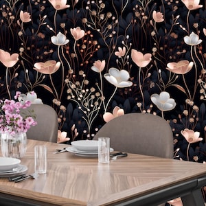 Carta da parati adesiva e staccabile floreale nera di lusso - murale botanico scuro - decorazione murale rimovibile color rosa e oro per camera da letto, soggiorno, ufficio
