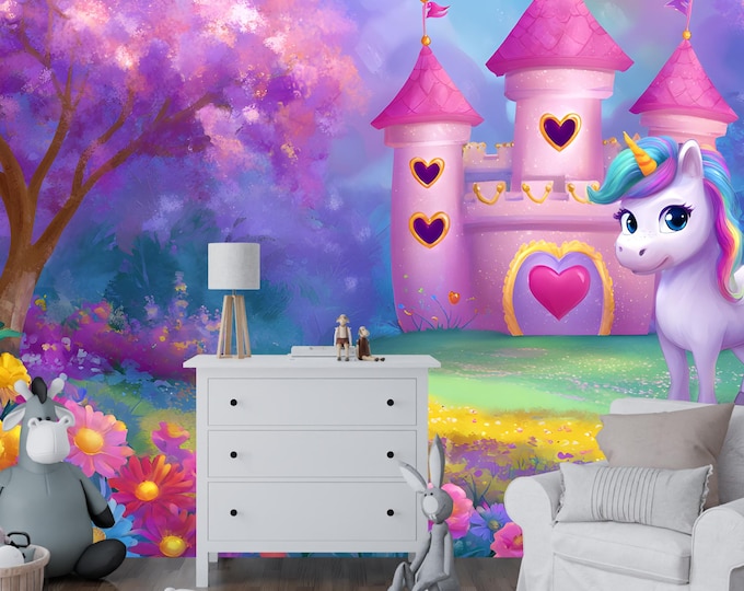 Unicorn Castle Wallpaper Mural – Princess Rainbow Peel & Stick Wall Decor, Removable Kids Wallpaper for Girls Bedroom or Nursery Fairy Tale