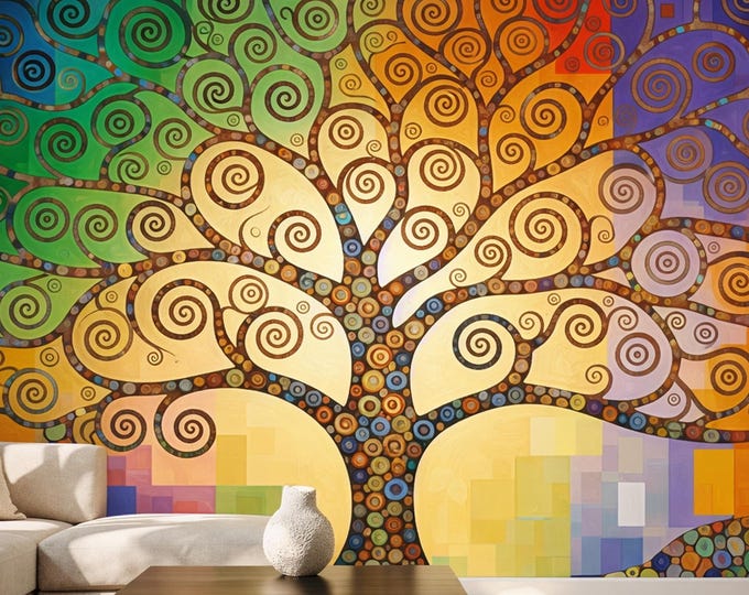 Tree of Life Peel and Stick Mural, Klimt-Style Colorful Spiral Abstract Art Wallpaper