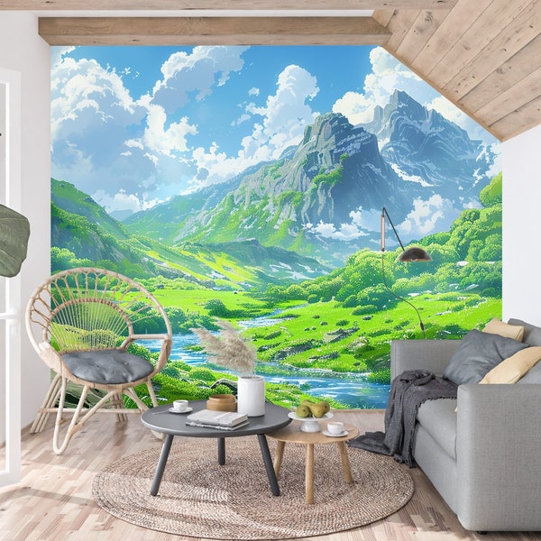 Bergen, bossen en weiden Peel and Stick Wallpaper Mural, grote kunst aan de muur met een schilderachtig uitzicht op de bergen, perfect voor de woonkamer