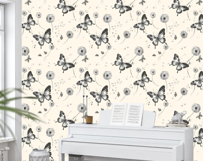Minimalist Black and White Dandelion Butterfly Wallpaper Mural, Vintage Delicate Botanical Peel and Stick or Traditional Wallpaper