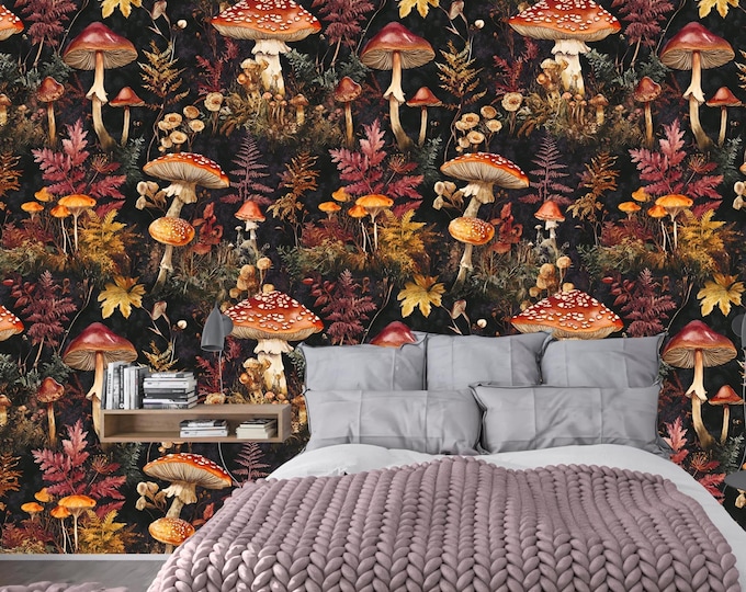 Whimsical Dark Vintage Mushroom Botanical Luxury Wallpaper Mural, Forest Removable Peel and Stick or Traditional Wallpaper