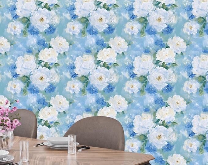 Cottagecore Blue Floral White Rose Wallpaper Mural – Peel and Stick or Prepasted Wall Decor