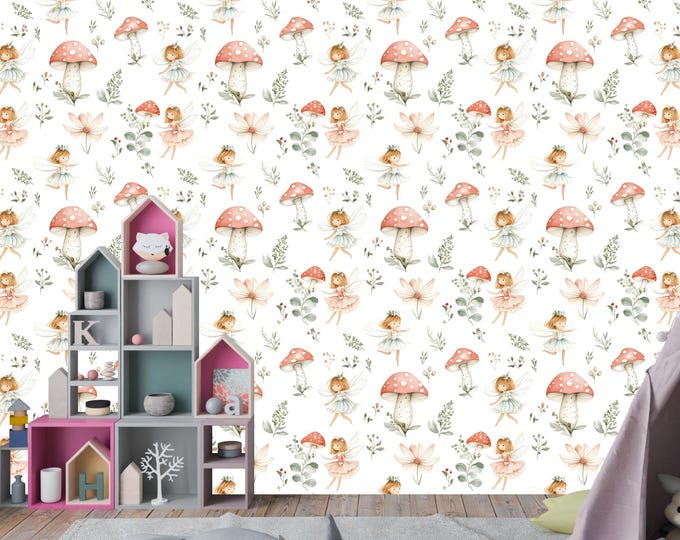 Woodland Fairytale Forest Nursery Wallpaper Mural, Watercolor Mushroom and Flower Peel and Stick Kids Room Decor