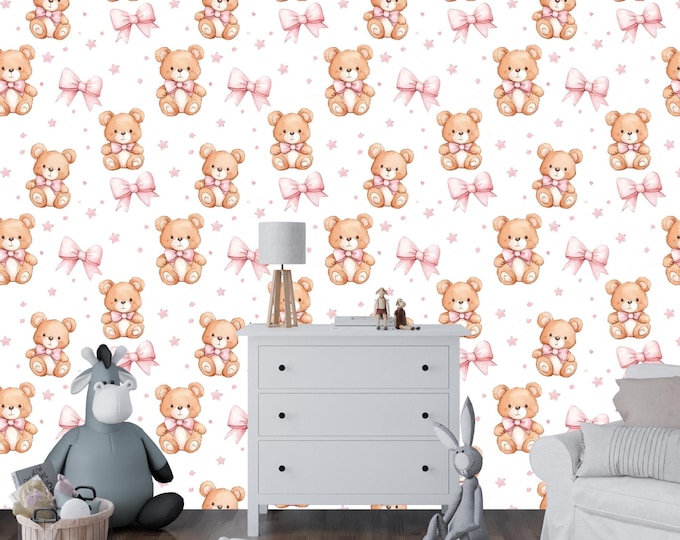 Pink Teddy Bear Nursery Wallpaper - Sweet Watercolor Mural for Baby's Room, Easy Peel and Stick Installation