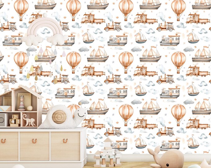 Baby Boy Nursery Watercolor Train Wallpaper, Air Balloons and Nautical Boat and Car Peel and Stick Wall Mural for Kids' Rooms