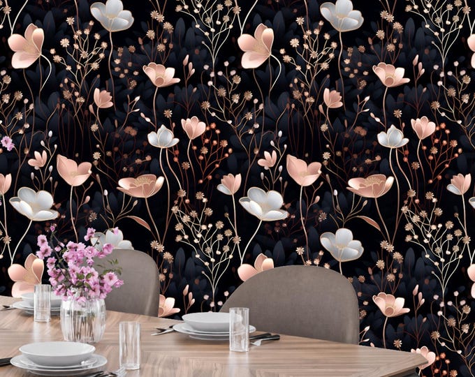 Luxurious Black Floral Peel and Stick Wallpaper - Dark Botanical Mural - Blush & Gold Removable Wall Decor for Bedroom, Living Room, Office