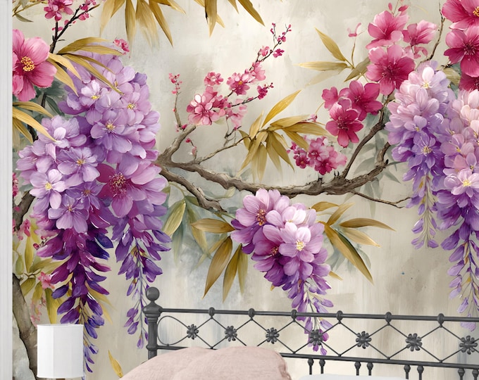 Japanese Wisteria & Cherry Blossom Wallpaper Mural – Botanical Zen Floral in Peel and Stick or Prepasted