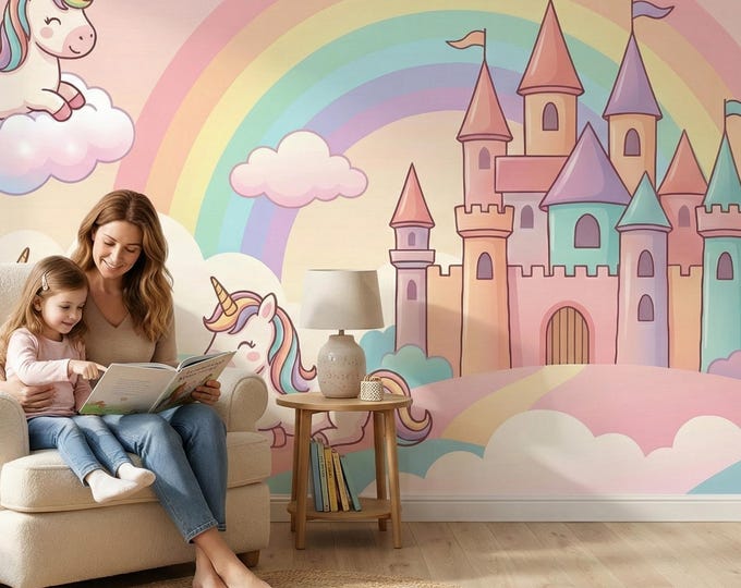 Unicorn Rainbow Castle Wallpaper Pastel Nursery Fantasy Peel Stick Wall Mural Decor