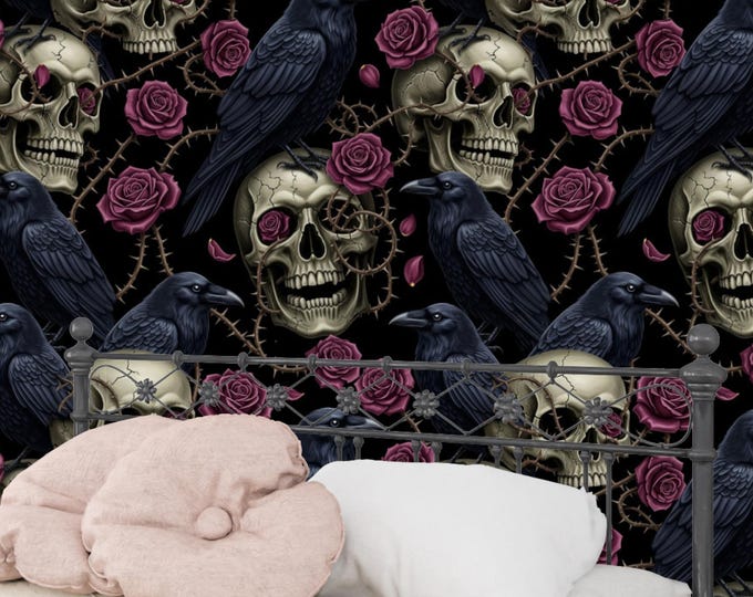 Gothic Raven & Skull Wallpaper: Dark Academia Wall Mural
