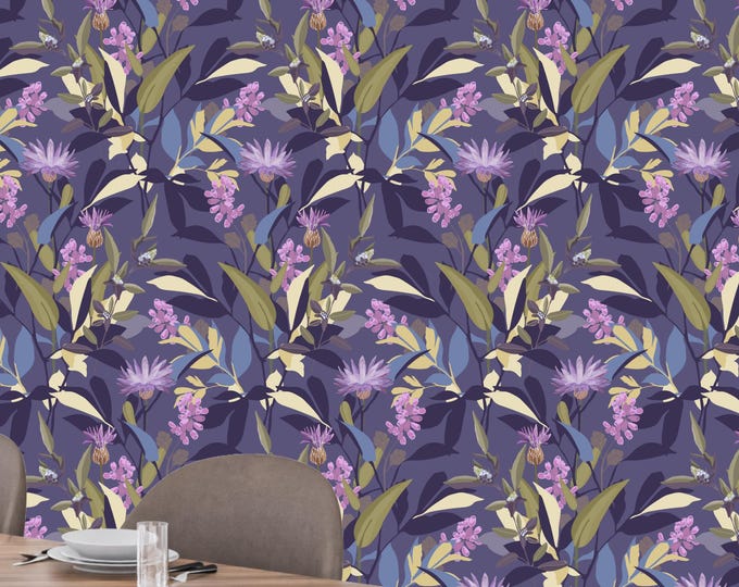 Maximalist Purple Botanical Wallpaper: Dark Academia Peel & Stick Mural