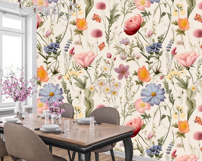 Colorful Boho Wildflower Floral Wallpaper Mural, Botanical Peel and Stick Removable Canvas, Vinyl or Non Woven for Bedroom or Living Room