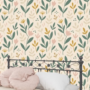 Retro Floral Wallpaper Mural: Scandinavian Boho Kids Room Decor