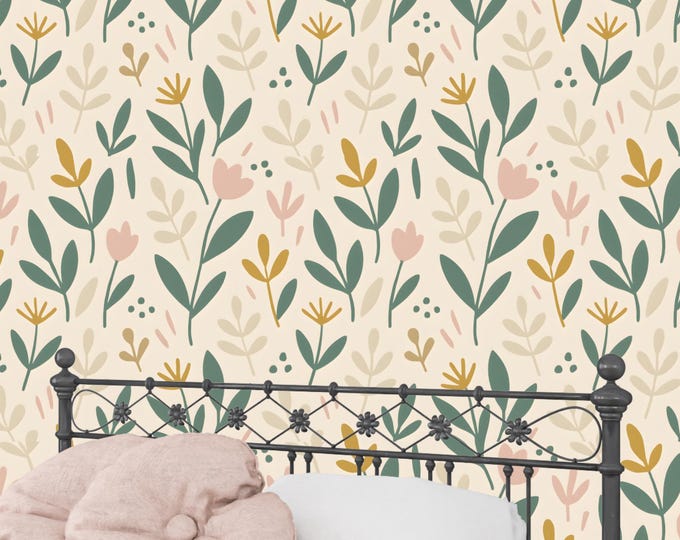 Retro Floral Wallpaper Mural: Scandinavian Boho Kids Room Decor
