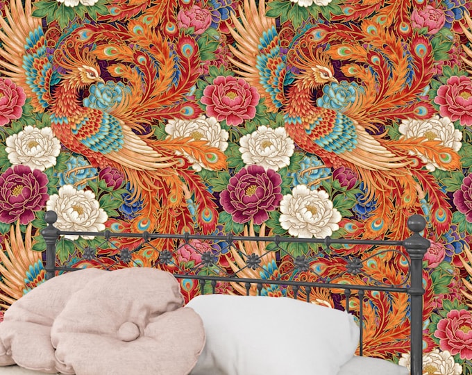 Phoenix Chinoiserie Wallpaper Mural: Maximalist Oriental Bird Wall Decor