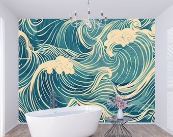 Blue Waves Wallpaper Mural - Peel and Stick tile Wall Decor - Wall Mural Chinese Waves