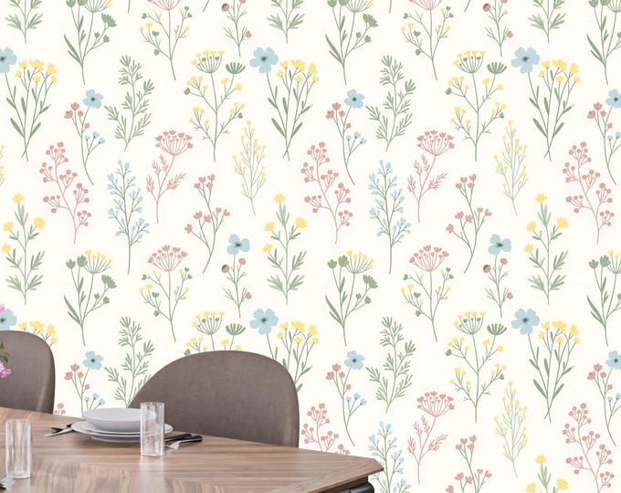 Pastel Wildflower Wallpaper Mural: Cottagecore Peel and Stick Floral Wall Art
