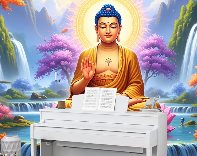 Buddha Lotus Waterfall Mural: Zen Cherry Blossom Peel & Stick Wallpaper