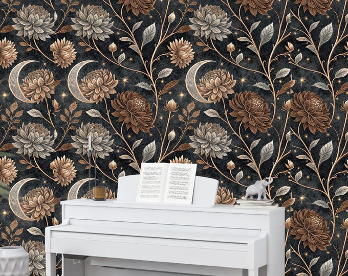 Moody Celestial Floral Wallpaper: Vintage Gothic Peel & Stick Mural