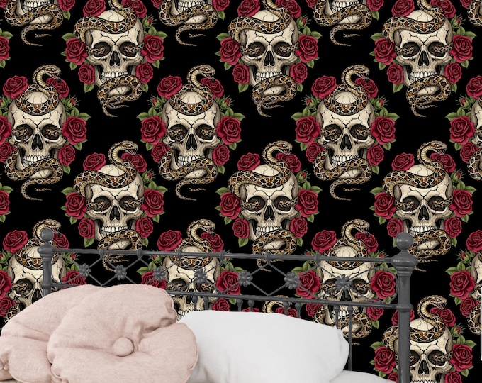 Skull and Snake Gothic Wallpaper: Black Rose Mural, Dark Academia Decor