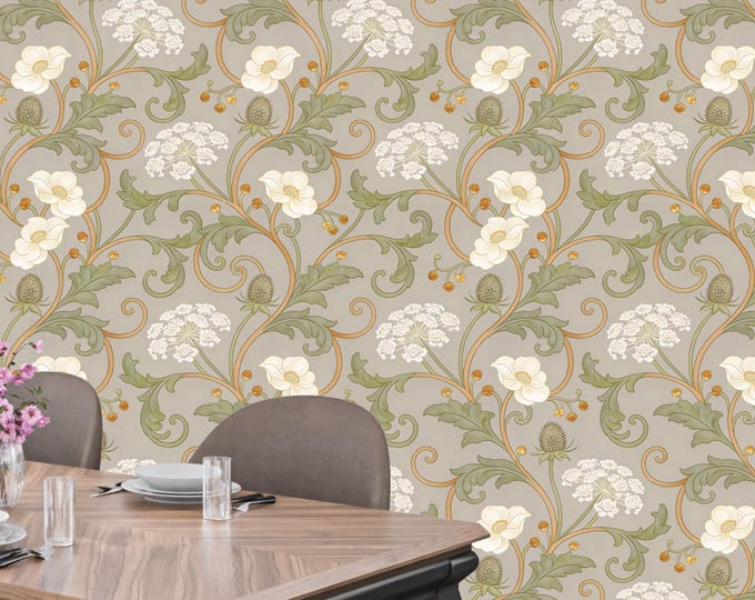 Vintage Art Nouveau Floral Wallpaper, Beige Botanical Peel and Stick Wall Decor Mural