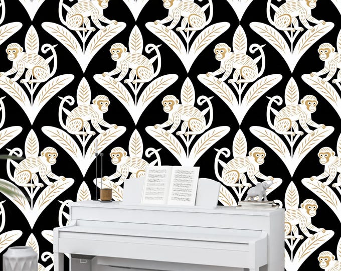 Art Deco Monkey Wallpaper, Playful Black and Gold Jungle Peel and Stick Mural