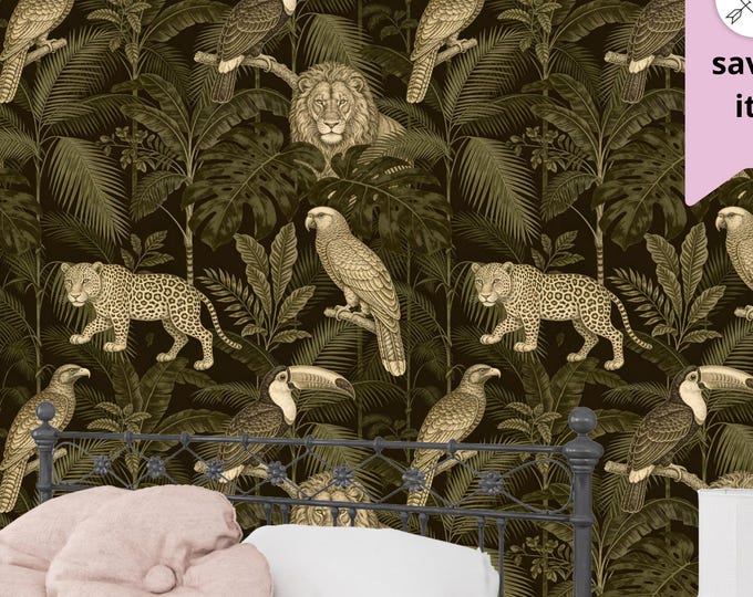 Vintage Jungle Animal Wallpaper Mural, Moody Botanical Living Room Peel and Stick, Custom Size