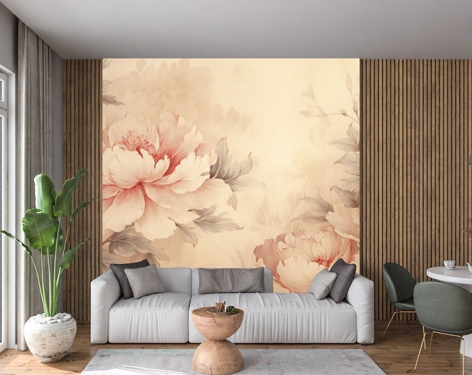 Vintage Peony Peel and Stick Wallpaper Mural - Self-Adhesive Floral Wall Art, Removable Peony Wall Decals for Bedroom Decor
