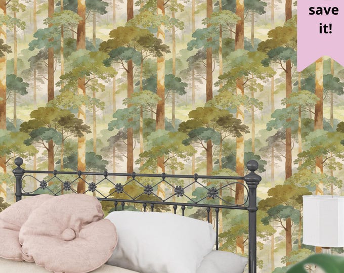 Sage Green Forest Wallpaper, Watercolor Woodland Tree Mural for Calming Bedrooms or Living Rooms