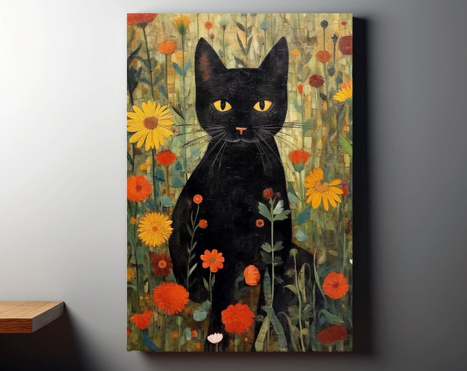 Gustav Klimt Black Cat Flower Landscape Art Print - Elegant Wall Decor for Art Lovers