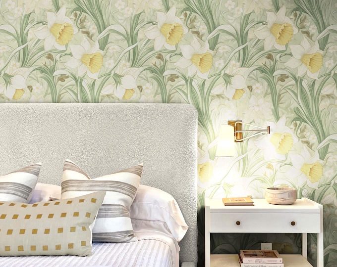 Vintage Floral Daffodil Wallpaper – William Morris Cottagecore & Art Nouveau Peel and Stick or Traditional Wallpaper in Yellow and Green