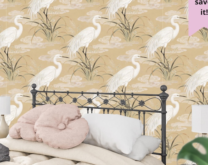 Beige Crane Wallpaper Mural, Chinoiserie Bird Bedroom Decor, Vintage Japandi Peel and Stick
