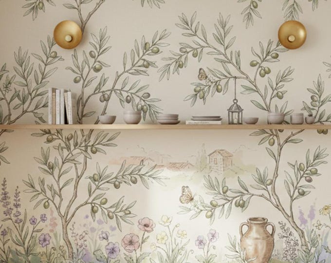 Watercolor Olive Branch Wallpaper, Removable Peel and Stick Mediterranean Tuscan Farmhouse Botanical Mural
