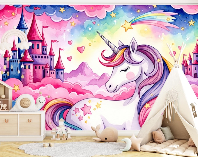 Unicorn Castle Wallpaper Mural for Kids Room | Magical Peel and Stick Fairy Tale Wall Art | Custom Nursery Decor |Rainbow Unicorn Wall Decal