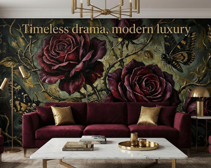 Dark Baroque Rose Wallpaper – Vintage Floral Butterfly Peel and Stick