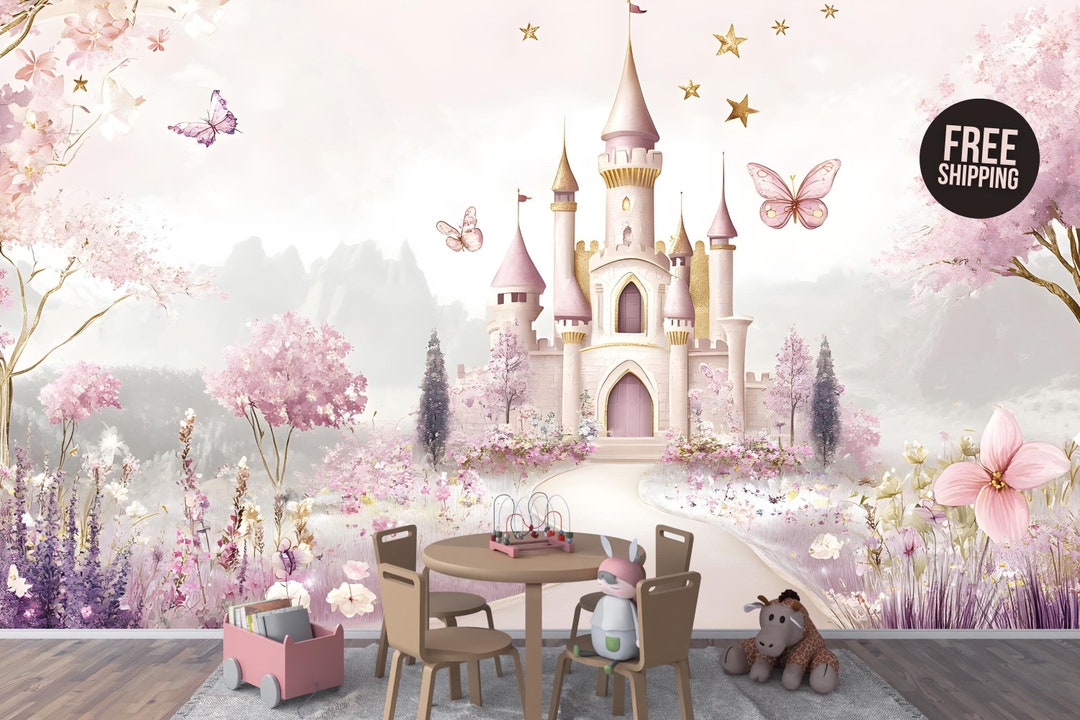 Pink Princess Castle Wallpaper Mural: Fairy Tale Nursery Decor - Etsy UK