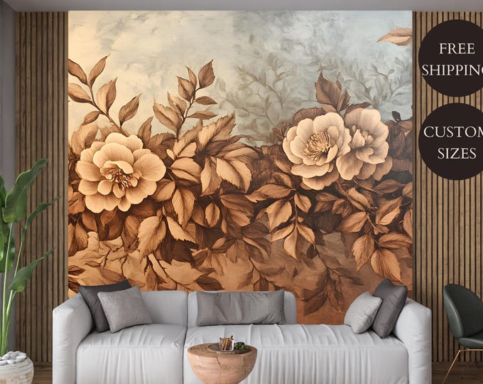 Sepia Floral Peel and Stick Wallpaper Mural - Chinoiserie Roses Botanical Wallpaper, Removable Rustic Vintage Floral Wallpaper Decor