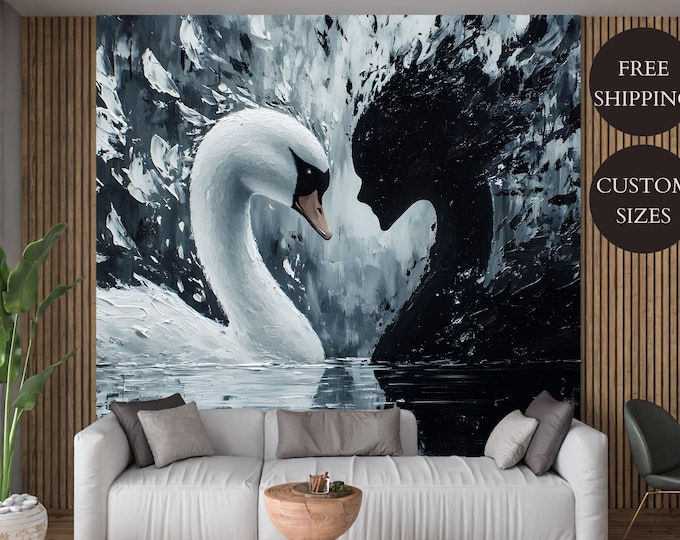 Abstract Black and White Swan Peel Stick Wallpaper Mural - Modern Art Wall Decor, Yin Yang Self Adhesive or Traditional Wall Covering