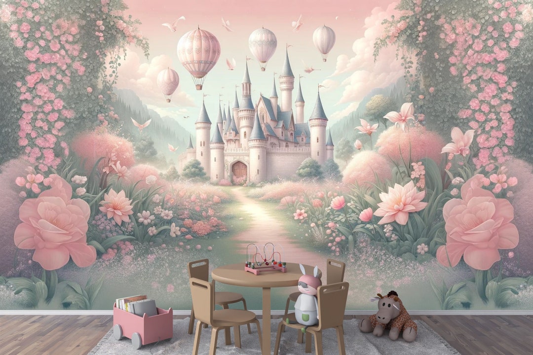 Pink Castle Wallpaper Mural: Fairy Tale Princess Nursery, Peel and ...