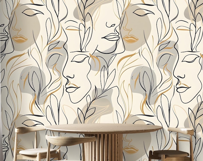 Minimalist Line Art Wallpaper – Abstract Female Faces Wall Mural | Modern Boho Peel and Stick or Paste Decor for Bedroom, Office or Studio