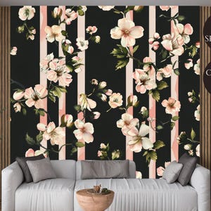 Carta da parati murale a righe vintage floreale rosa nero chic - stacca e attacca tela, vinile, carta non tessuta per camera da letto o soggiorno